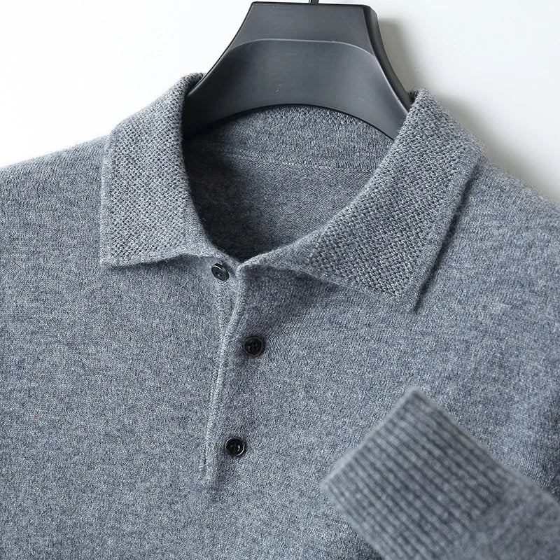 Men Basic Polo T-Shirt  Wool Sweater Autumn Winter Long Sleeve Bottom Pullover 100% Merino Wool Knit Simple Casual Jumper Top - Cottonese.com