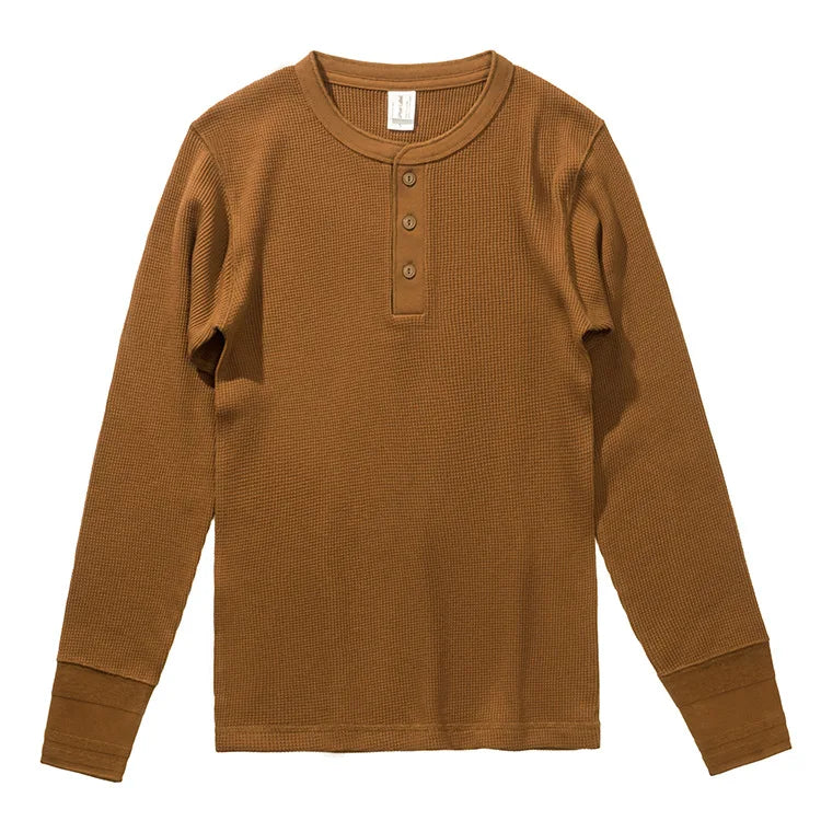 315g Heavy American Retro Khaki Sweater Shirt Waffle Cotton Henry Collar Long Sleeve T-shirt Men Cotton Slim Base Pullover Shirt - Cottonese.com