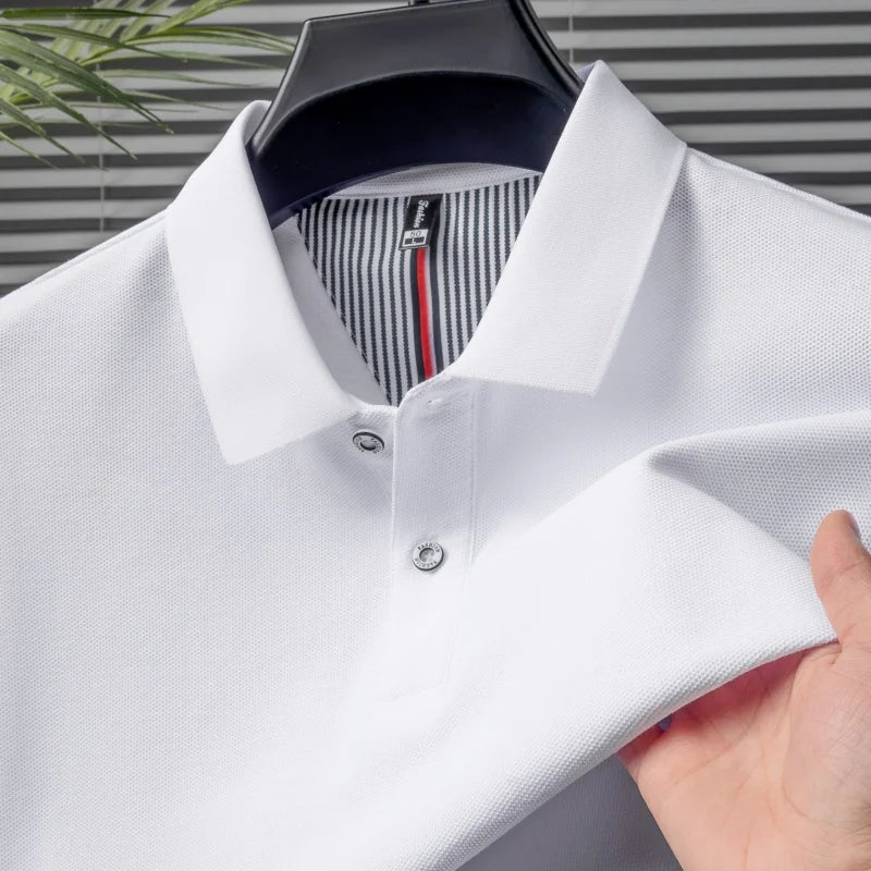 100% pure cotton short sleeved men's polo shirt summer boutique fashion high-quality top solid color collar back striped T-shirt - Cottonese.com