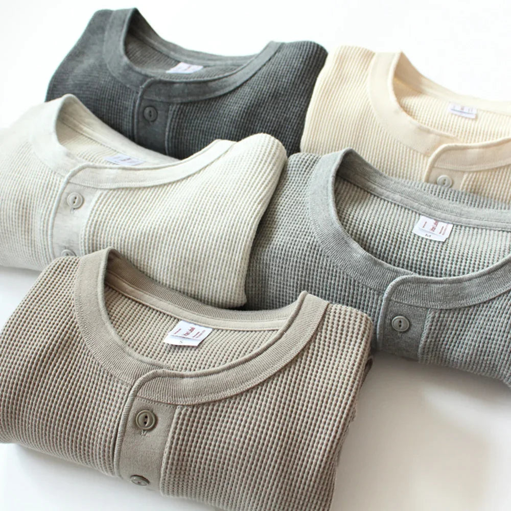 315g Heavy American Retro Khaki Sweater Shirt Waffle Cotton Henry Collar Long Sleeve T-shirt Men Cotton Slim Base Pullover Shirt - Cottonese.com