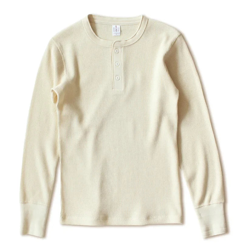 315g Heavy American Retro Khaki Sweater Shirt Waffle Cotton Henry Collar Long Sleeve T-shirt Men Cotton Slim Base Pullover Shirt - Cottonese.com