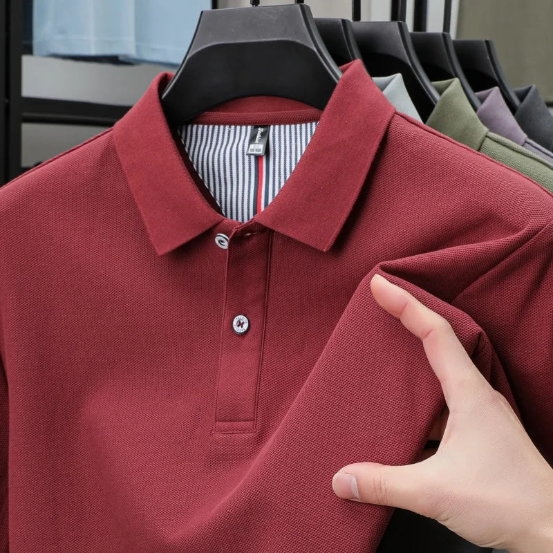 100% pure cotton short sleeved men's polo shirt summer boutique fashion high-quality top solid color collar back striped T-shirt - Cottonese.com