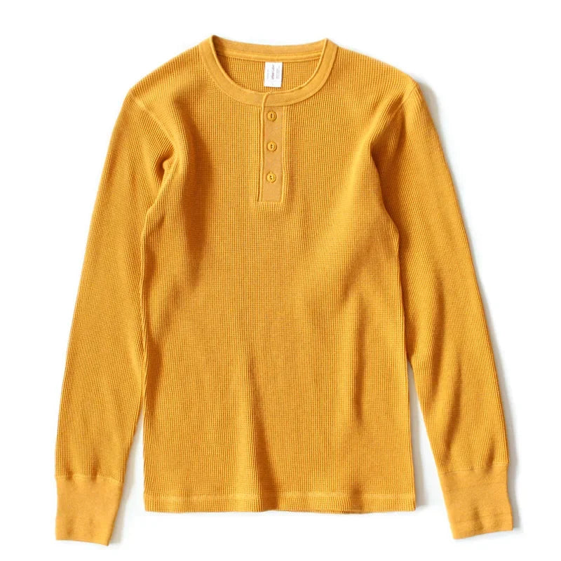 315g Heavy American Retro Khaki Sweater Shirt Waffle Cotton Henry Collar Long Sleeve T-shirt Men Cotton Slim Base Pullover Shirt - Cottonese.com