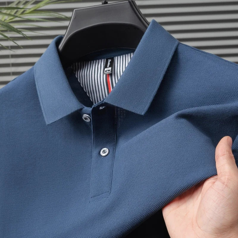 100% pure cotton short sleeved men's polo shirt summer boutique fashion high-quality top solid color collar back striped T-shirt - Cottonese.com