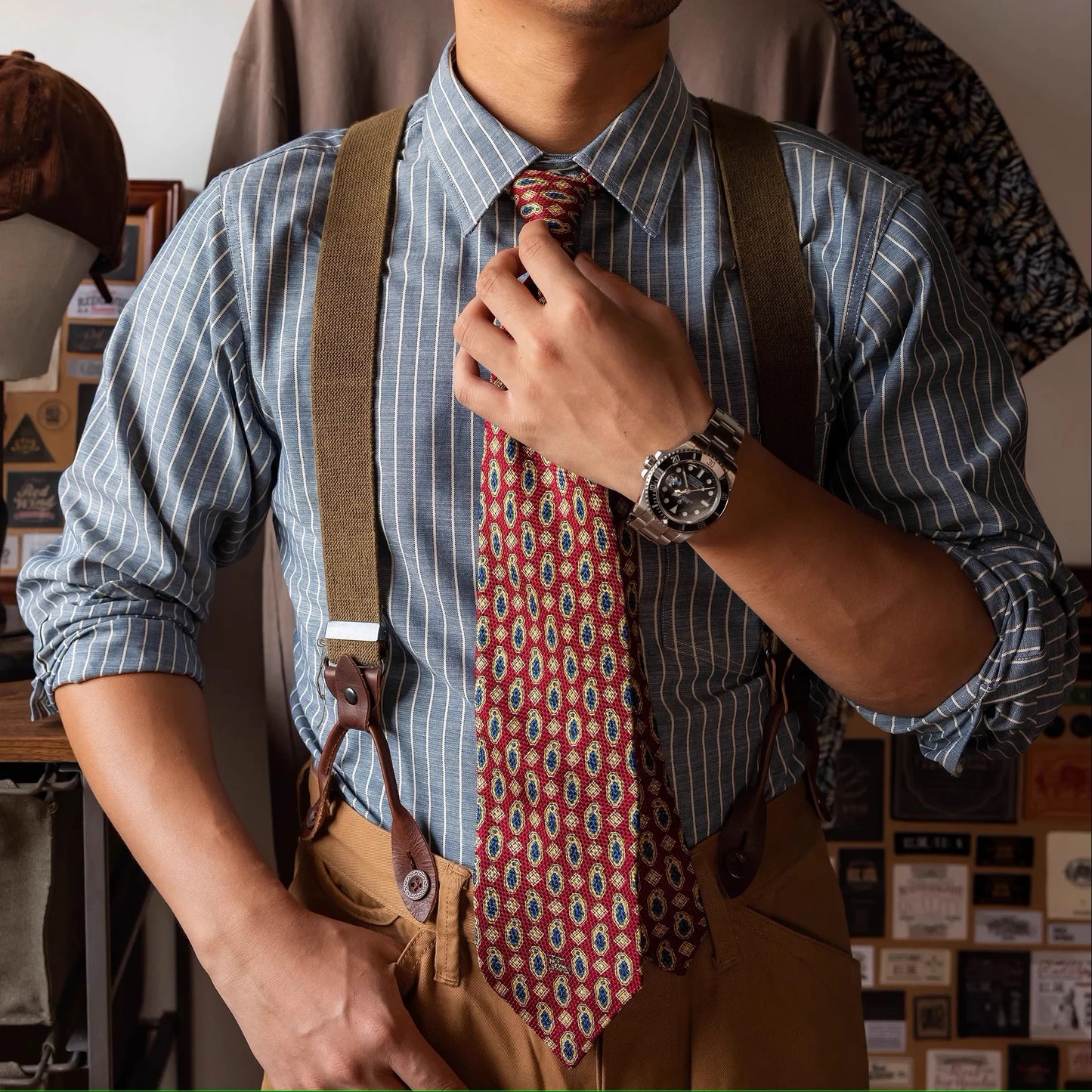 Red Tornado Retro Candy Stripes Long Sleeve Work Shirt - Cottonese.com