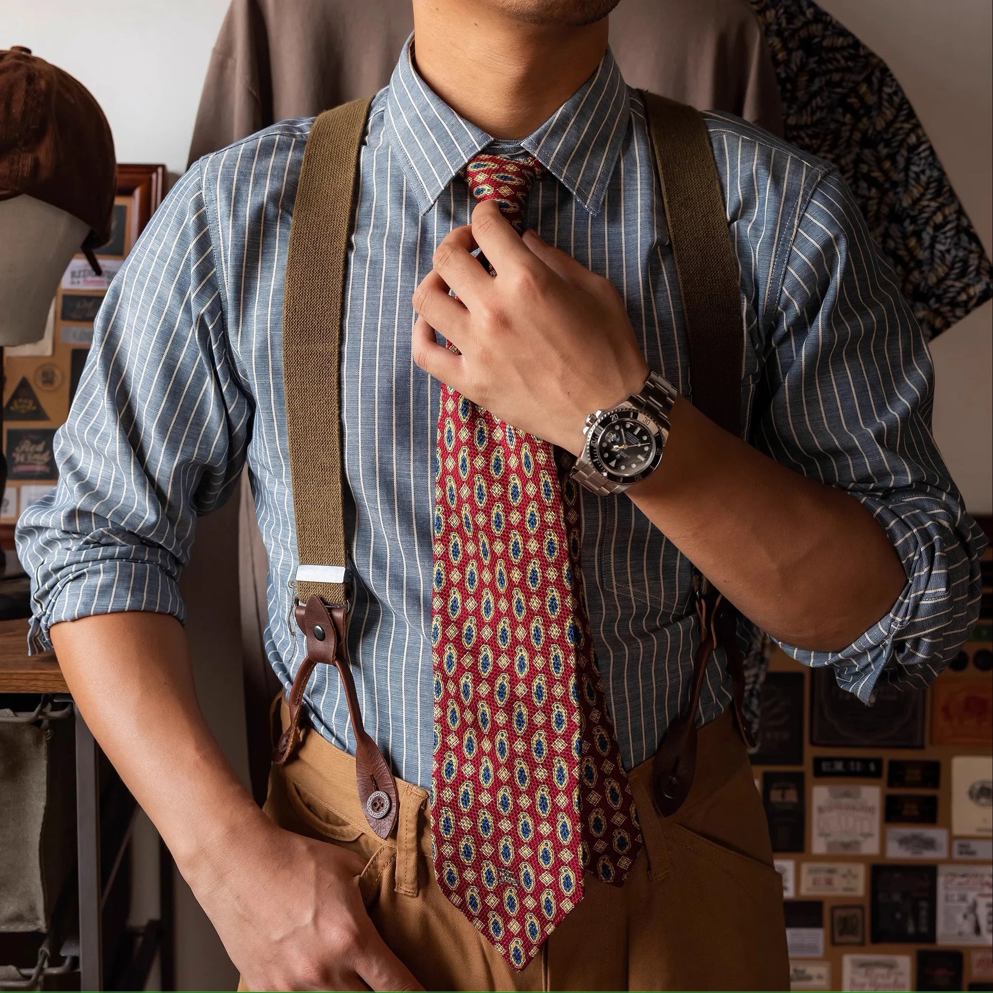 Red Tornado Retro Candy Stripes Long Sleeve Work Shirt - Cottonese.com