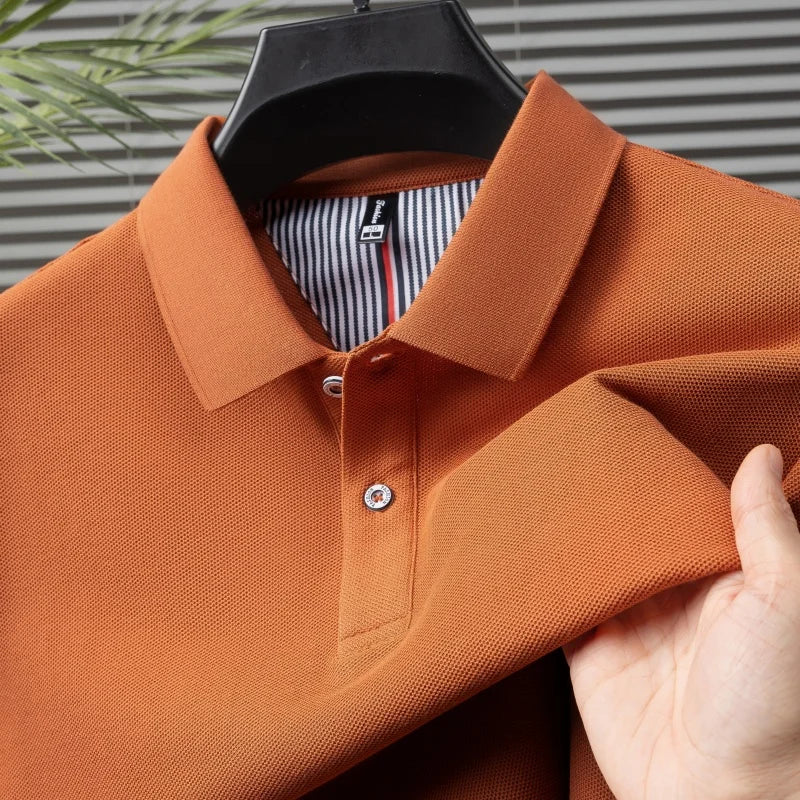 100% pure cotton short sleeved men's polo shirt summer boutique fashion high-quality top solid color collar back striped T-shirt - Cottonese.com