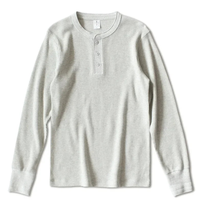 315g Heavy American Retro Khaki Sweater Shirt Waffle Cotton Henry Collar Long Sleeve T-shirt Men Cotton Slim Base Pullover Shirt - Cottonese.com
