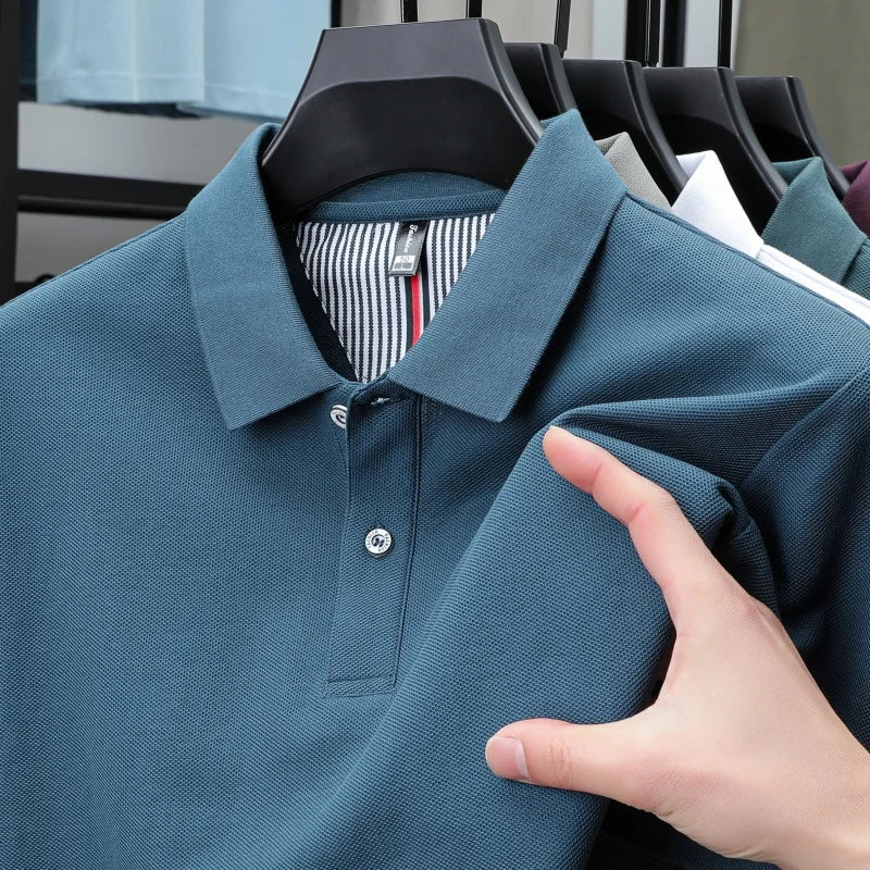 100% pure cotton short sleeved men's polo shirt summer boutique fashion high-quality top solid color collar back striped T-shirt - Cottonese.com