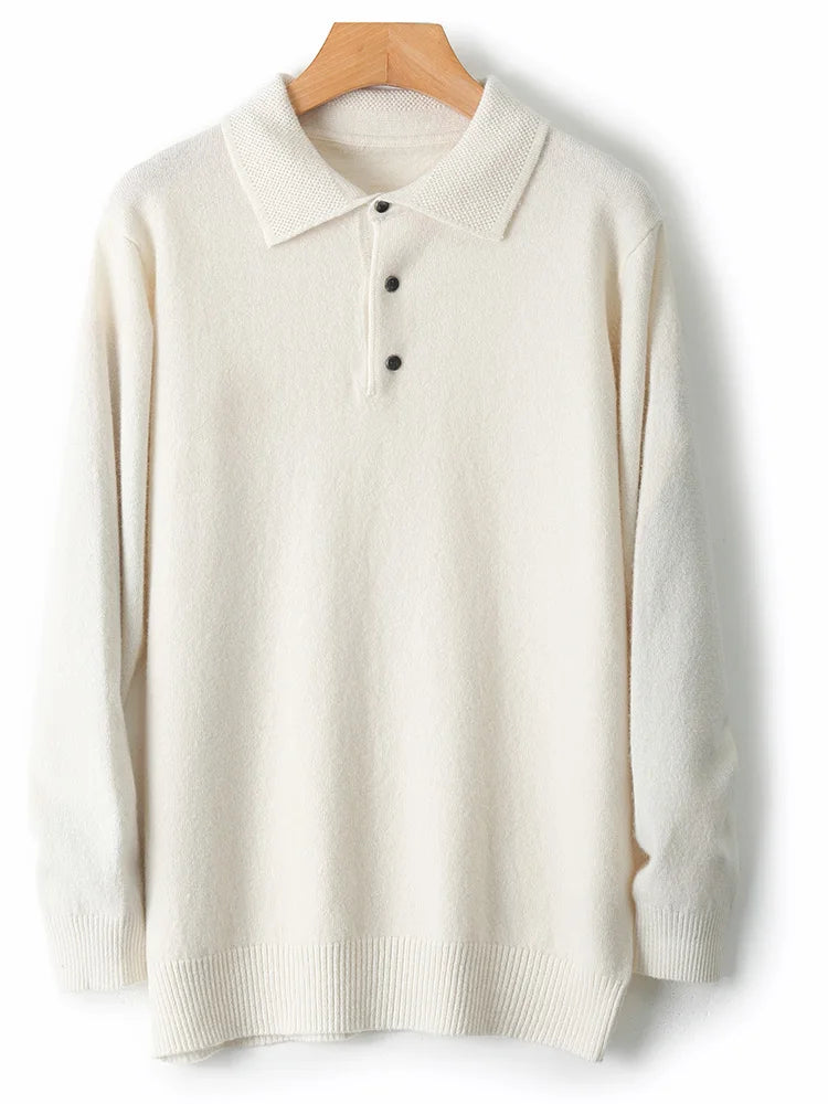 Men Basic Polo T-Shirt  Wool Sweater Autumn Winter Long Sleeve Bottom Pullover 100% Merino Wool Knit Simple Casual Jumper Top - Cottonese.com