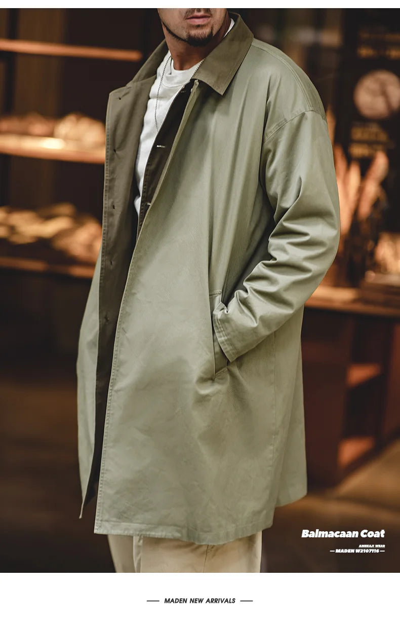 The Maden Balmacaan Coat: Amekaji-Inspired Relaxed Fit Heavyweight Twill Windbreaker Overcoat
