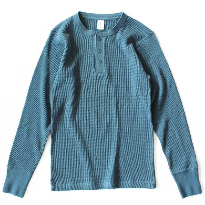 315g Heavy American Retro Khaki Sweater Shirt Waffle Cotton Henry Collar Long Sleeve T-shirt Men Cotton Slim Base Pullover Shirt - Cottonese.com