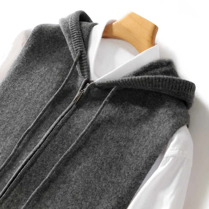 Sleeveless Hooded Cardigan-100% Merino Wool Knitwear with Zipper - Cottonese.com