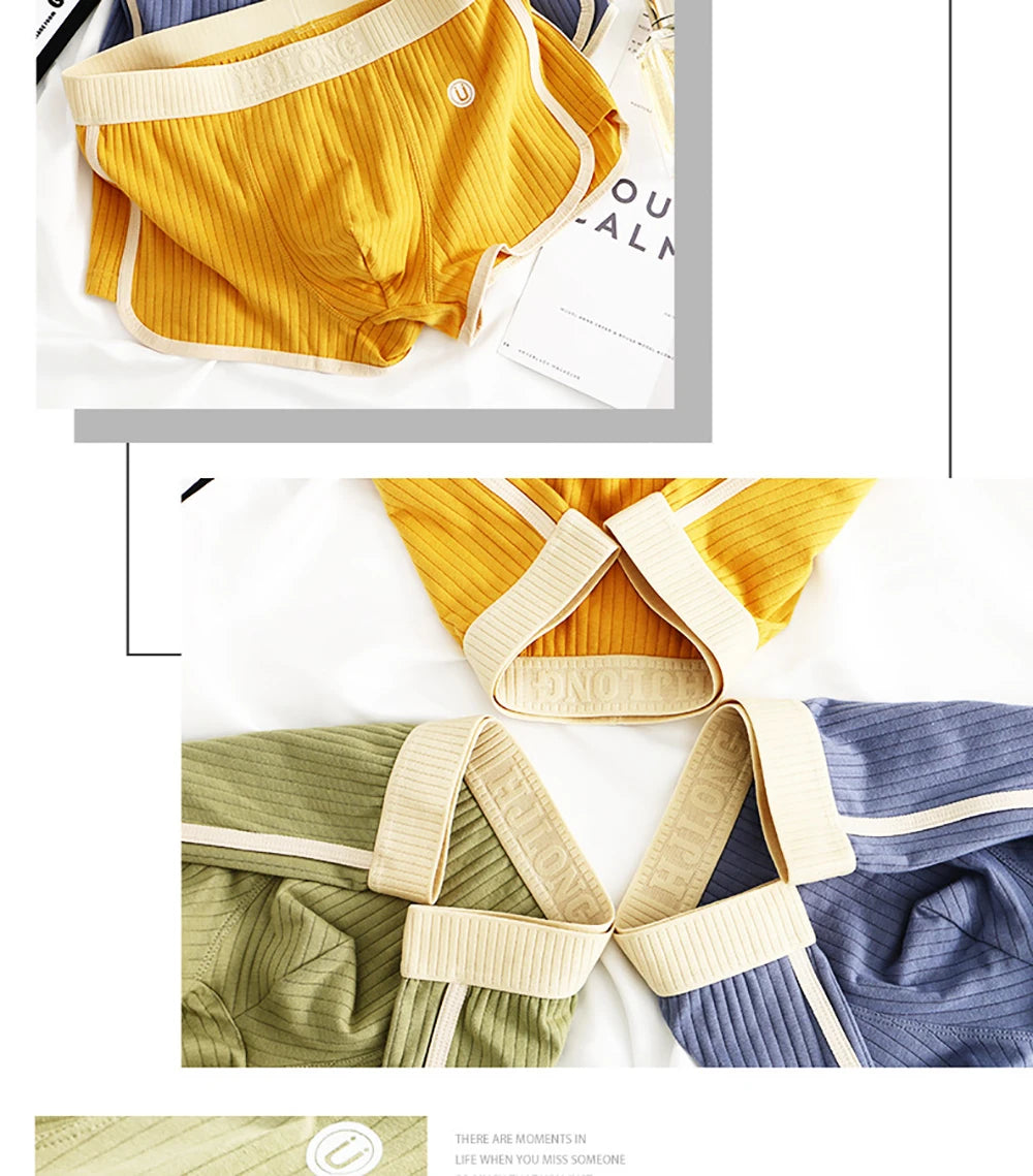 3PCS/Pack 100% Cotton Solid Striped Men's Boxer Sexy Breathable Mesh U Crotch Underwear High Elastic Widen Waistband Underpants - Cottonese.com