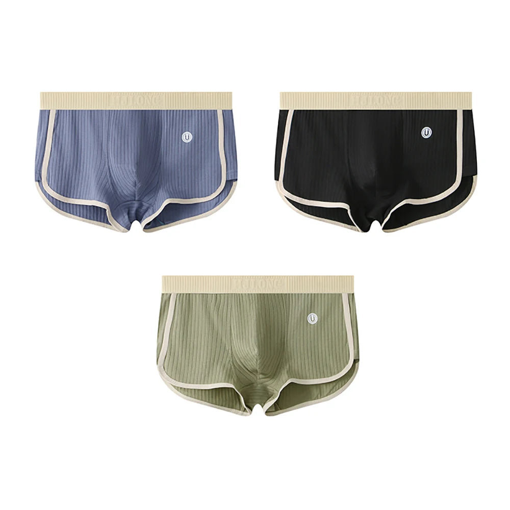 3PCS/Pack 100% Cotton Solid Striped Men's Boxer Sexy Breathable Mesh U Crotch Underwear High Elastic Widen Waistband Underpants - Cottonese.com
