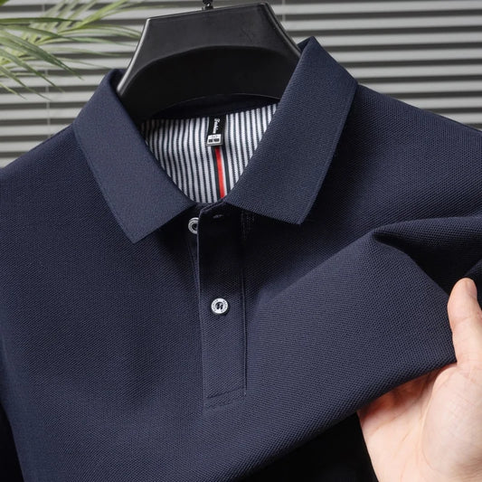100% pure cotton short sleeved men's polo shirt summer boutique fashion high-quality top solid color collar back striped T-shirt - Cottonese.com