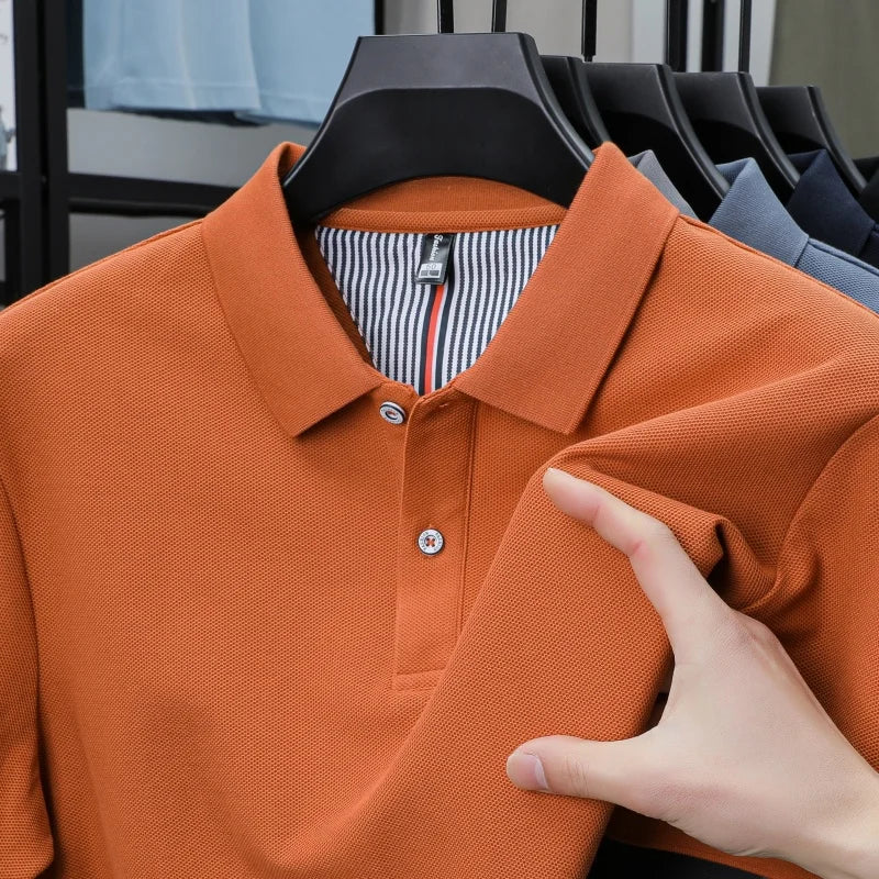 100% pure cotton short sleeved men's polo shirt summer boutique fashion high-quality top solid color collar back striped T-shirt - Cottonese.com