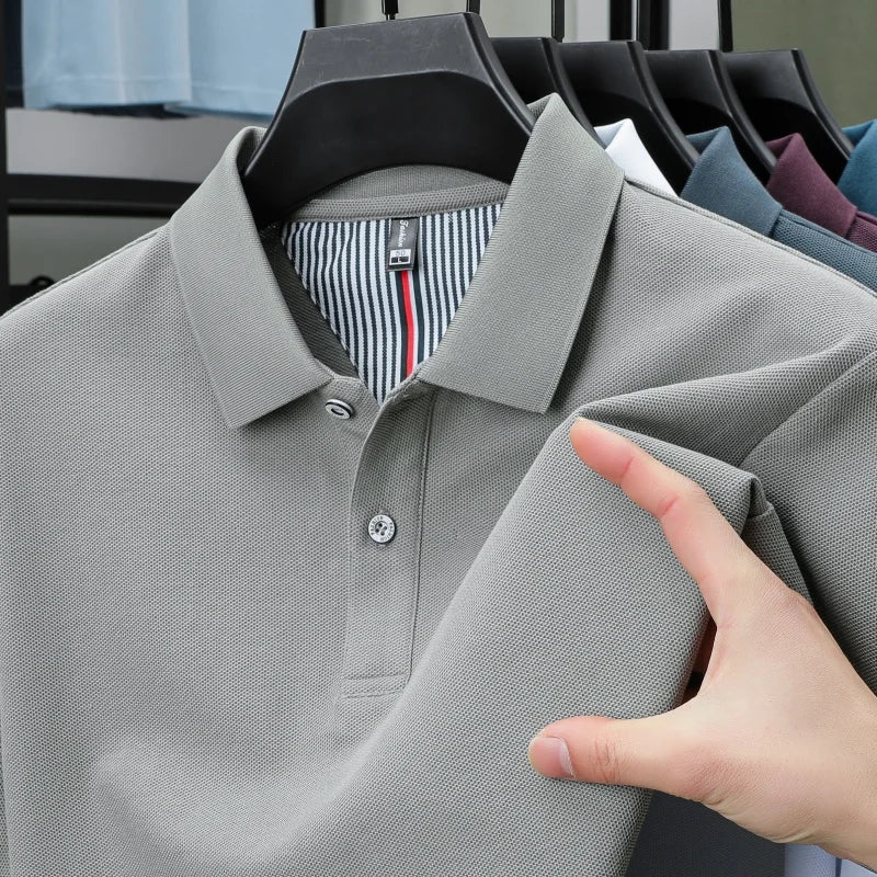 100% pure cotton short sleeved men's polo shirt summer boutique fashion high-quality top solid color collar back striped T-shirt - Cottonese.com