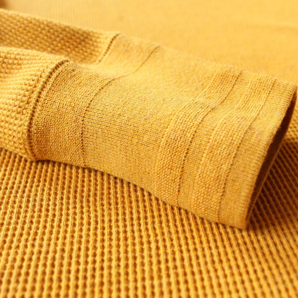 315g Heavy American Retro Khaki Sweater Shirt Waffle Cotton Henry Collar Long Sleeve T-shirt Men Cotton Slim Base Pullover Shirt - Cottonese.com