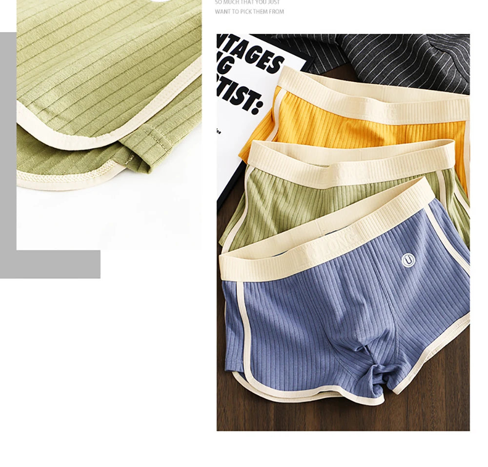 3PCS/Pack 100% Cotton Solid Striped Men's Boxer Sexy Breathable Mesh U Crotch Underwear High Elastic Widen Waistband Underpants - Cottonese.com