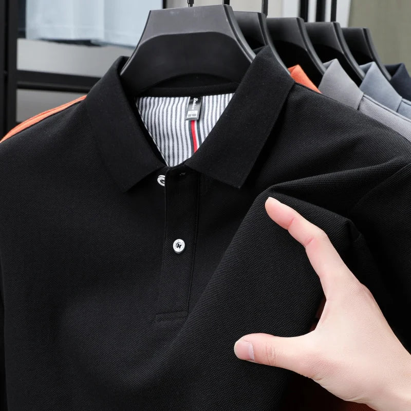 100% pure cotton short sleeved men's polo shirt summer boutique fashion high-quality top solid color collar back striped T-shirt - Cottonese.com