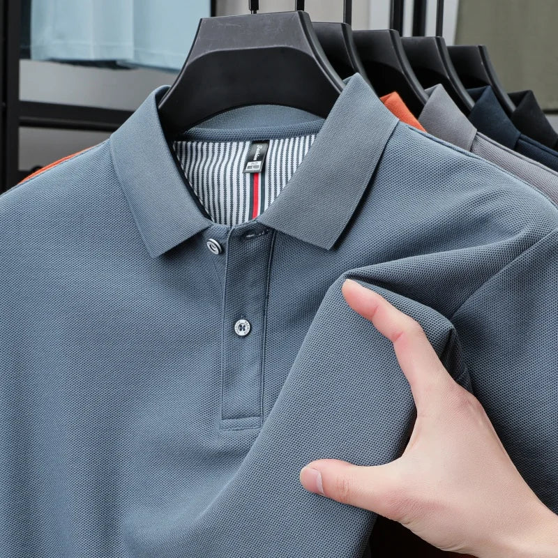 100% pure cotton short sleeved men's polo shirt summer boutique fashion high-quality top solid color collar back striped T-shirt - Cottonese.com