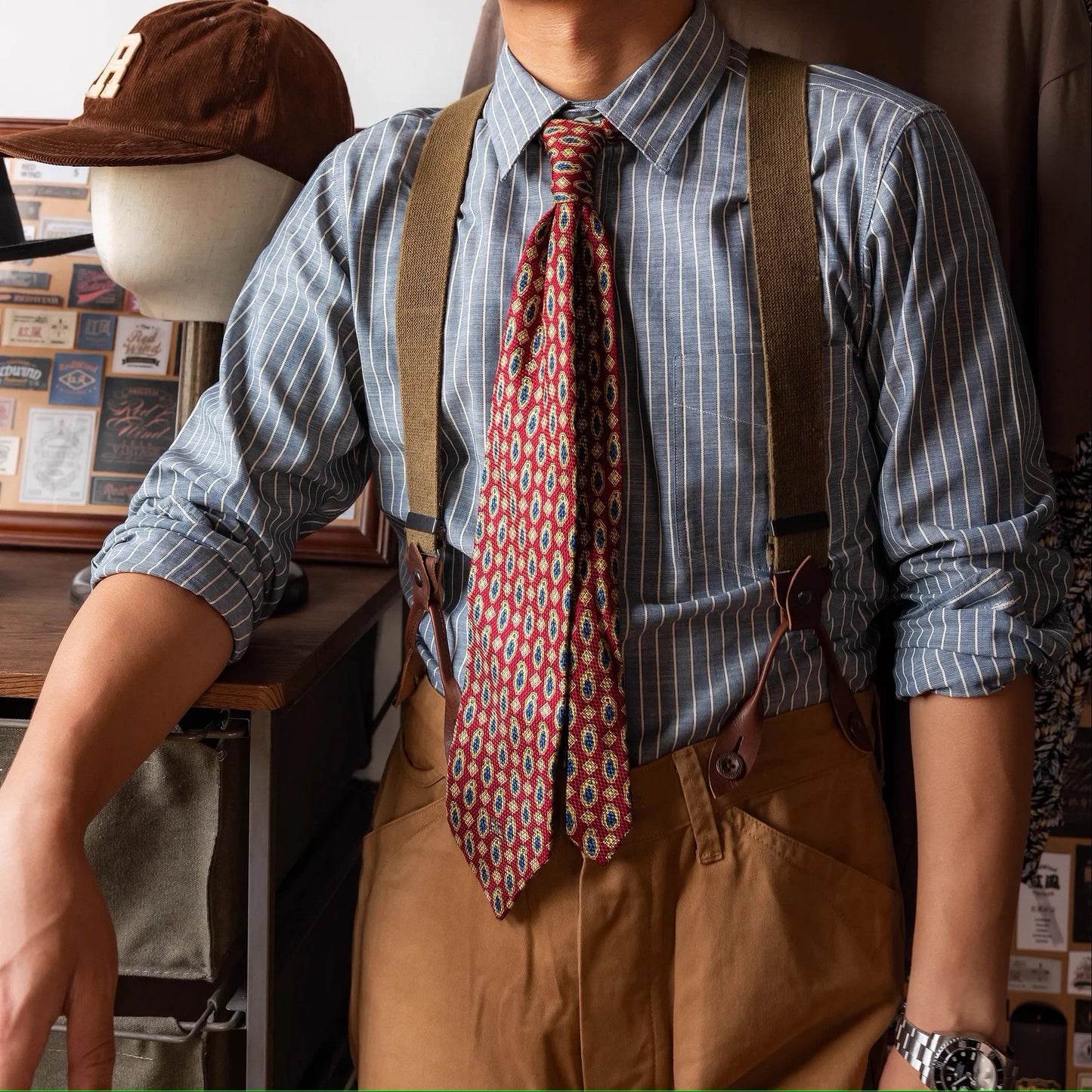 Red Tornado Retro Candy Stripes Long Sleeve Work Shirt - Cottonese.com