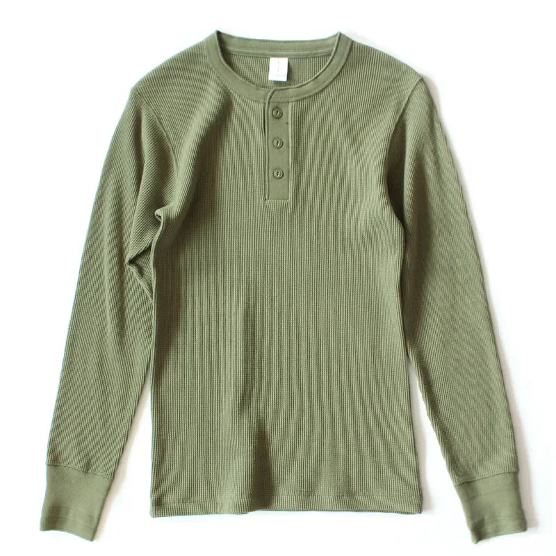 315g Heavy American Retro Khaki Sweater Shirt Waffle Cotton Henry Collar Long Sleeve T-shirt Men Cotton Slim Base Pullover Shirt - Cottonese.com