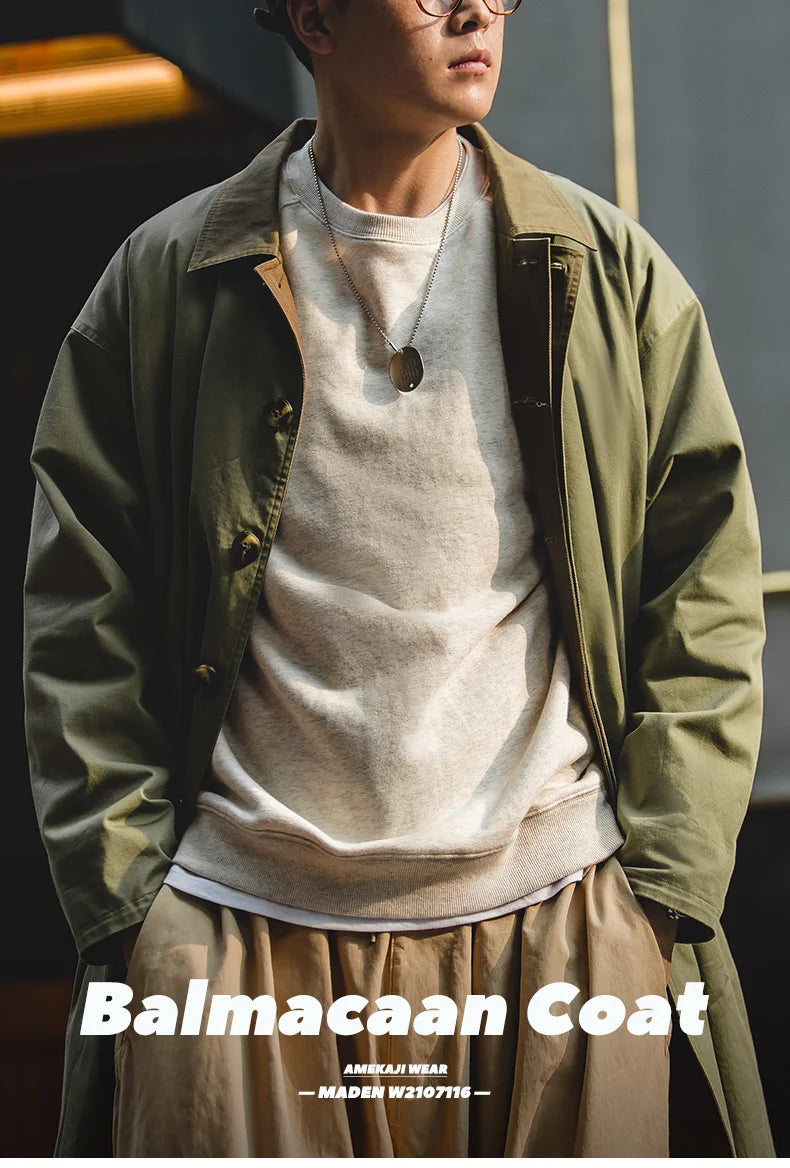 The Maden Balmacaan Coat: Amekaji-Inspired Relaxed Fit Heavyweight Twill Windbreaker Overcoat