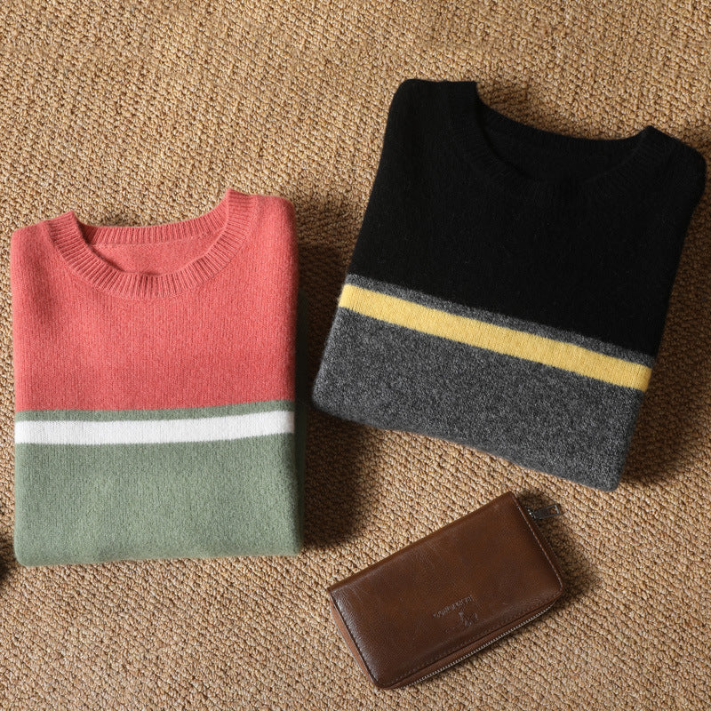 Striped Pure Wool Round Neck Sweater - Cottonese.com
