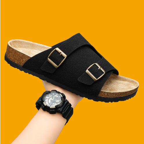Double-breasted Cork Suede Sandals - Cottonese.com