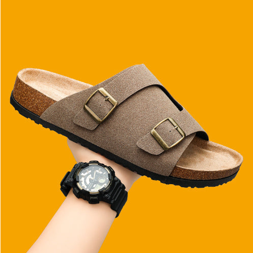 Double-breasted Cork Suede Sandals - Cottonese.com