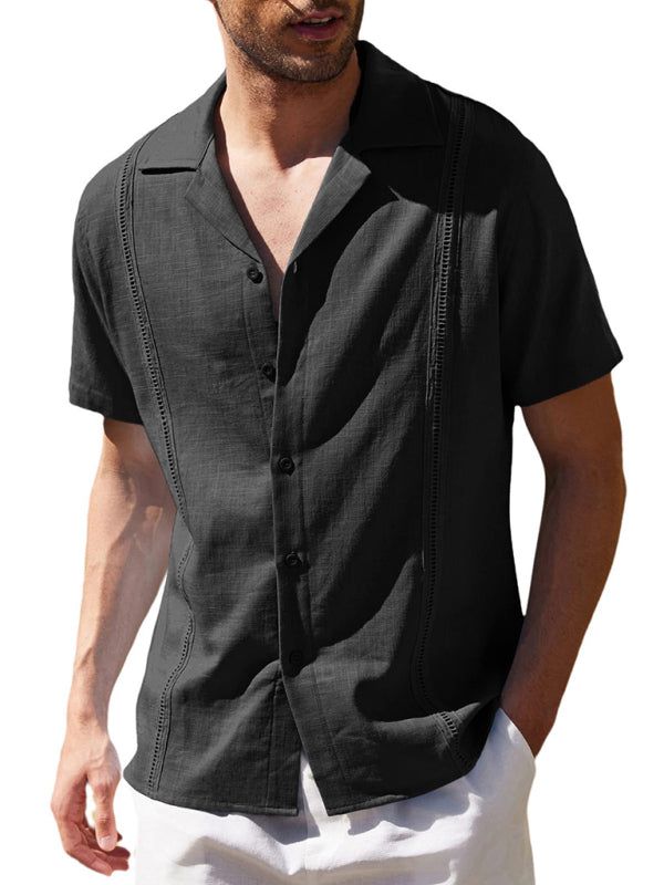 Men's Loose Casual Linen Shirt Cuban Guayabera Short Sleeve Beach Shirt