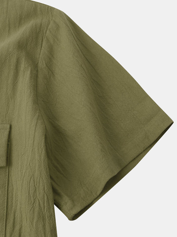Men's Square Neck Casual Linen Shirt – Solid Color Half Sleeve Top - Cottonese.com