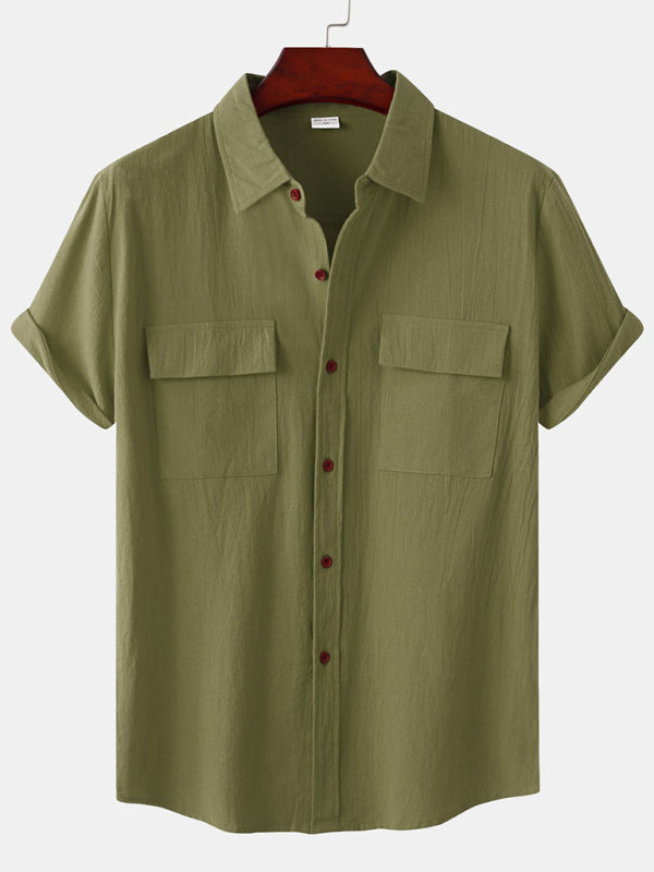 Men's Square Neck Casual Linen Shirt – Solid Color Half Sleeve Top - Cottonese.com
