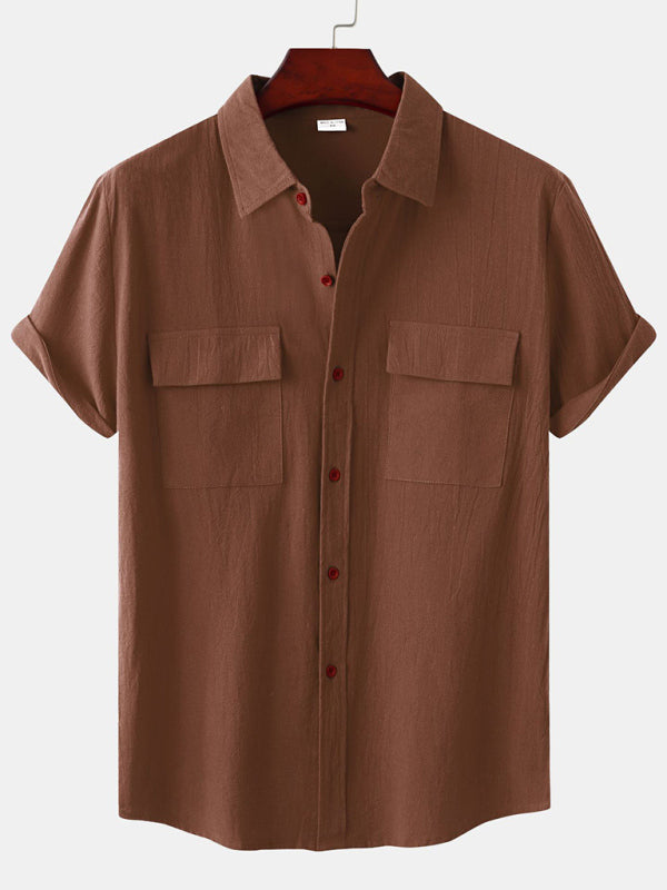 Men's Square Neck Casual Linen Shirt – Solid Color Half Sleeve Top - Cottonese.com