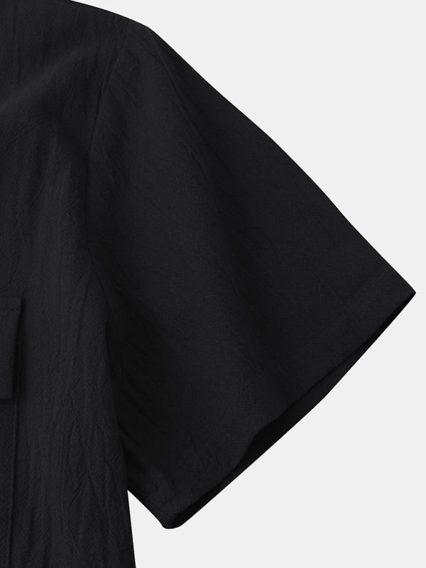 Men's Square Neck Casual Linen Shirt – Solid Color Half Sleeve Top - Cottonese.com