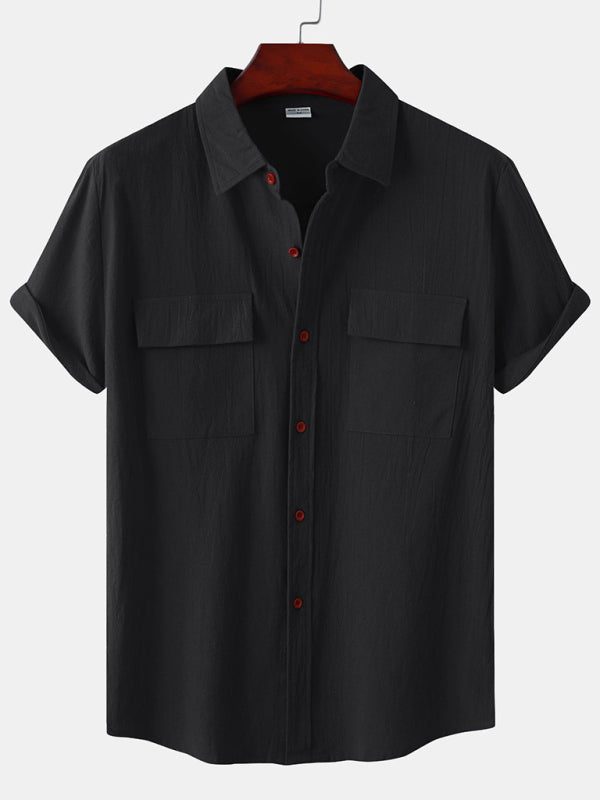 Men's Square Neck Casual Linen Shirt – Solid Color Half Sleeve Top - Cottonese.com
