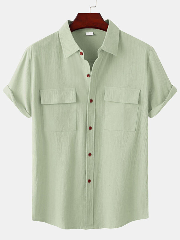 Men's Square Neck Casual Linen Shirt – Solid Color Half Sleeve Top - Cottonese.com