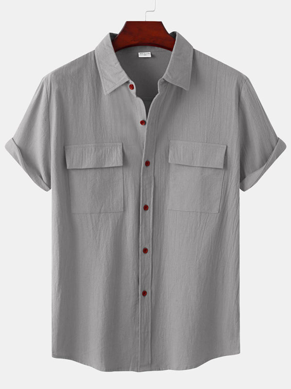 Men's Square Neck Casual Linen Shirt – Solid Color Half Sleeve Top - Cottonese.com
