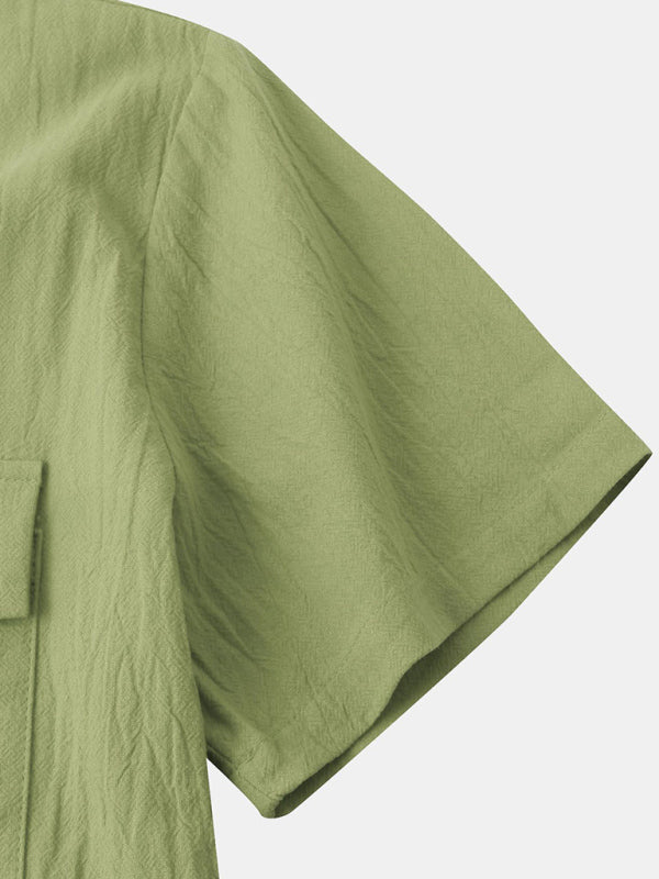 Men's Square Neck Casual Linen Shirt – Solid Color Half Sleeve Top - Cottonese.com