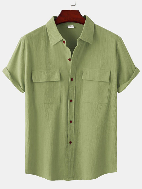 Men's Square Neck Casual Linen Shirt – Solid Color Half Sleeve Top - Cottonese.com