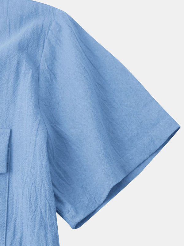 Men's Square Neck Casual Linen Shirt – Solid Color Half Sleeve Top - Cottonese.com