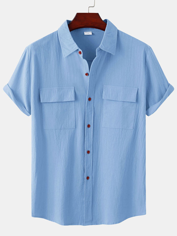 Men's Square Neck Casual Linen Shirt – Solid Color Half Sleeve Top - Cottonese.com