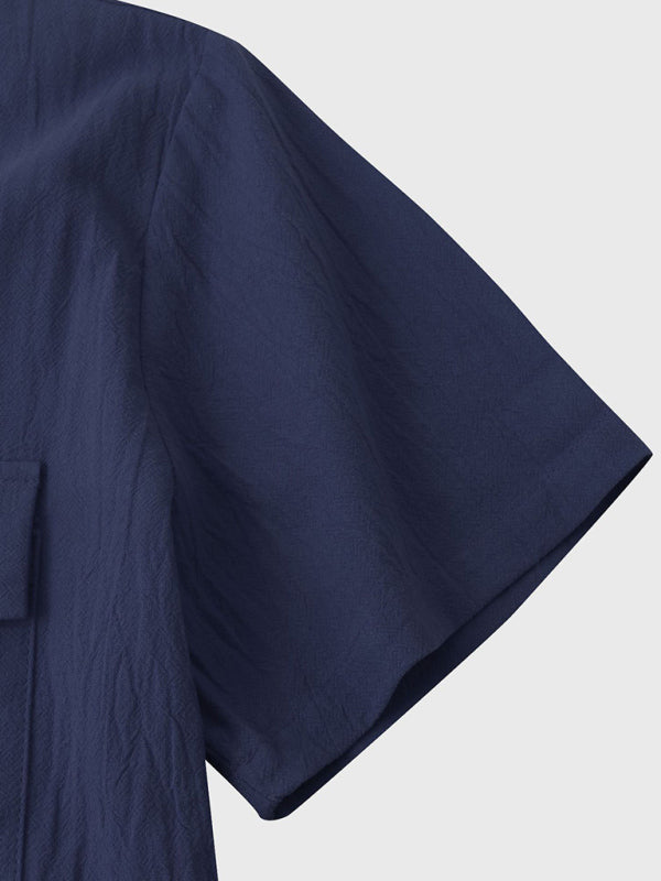 Men's Square Neck Casual Linen Shirt – Solid Color Half Sleeve Top - Cottonese.com