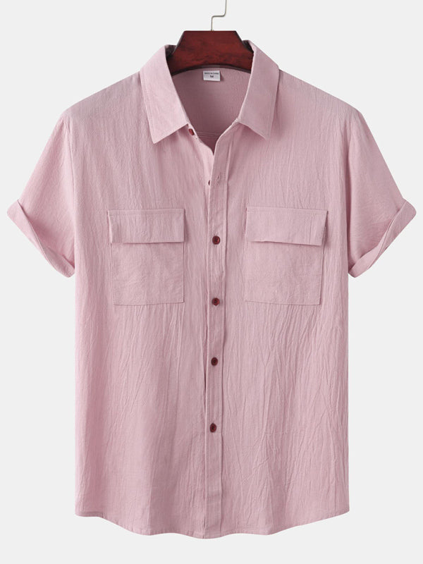 Men's Square Neck Casual Linen Shirt – Solid Color Half Sleeve Top - Cottonese.com