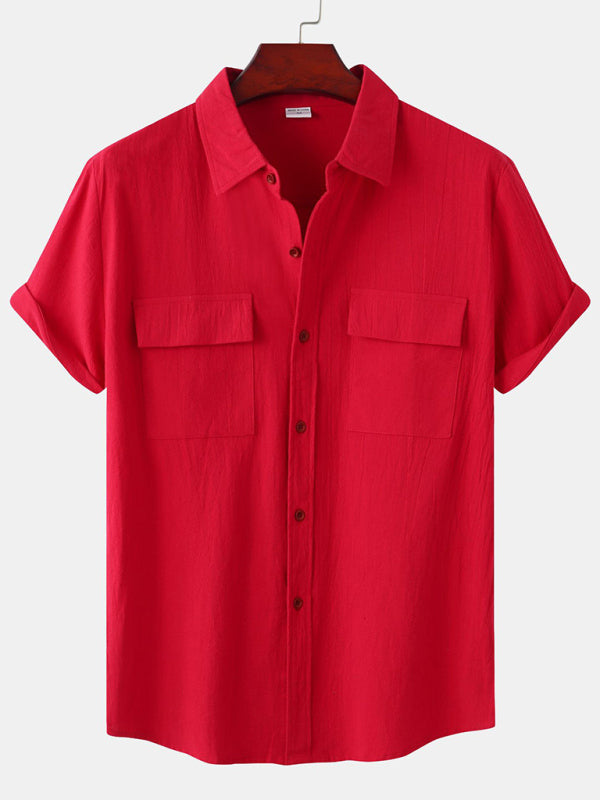 Men's Square Neck Casual Linen Shirt – Solid Color Half Sleeve Top - Cottonese.com