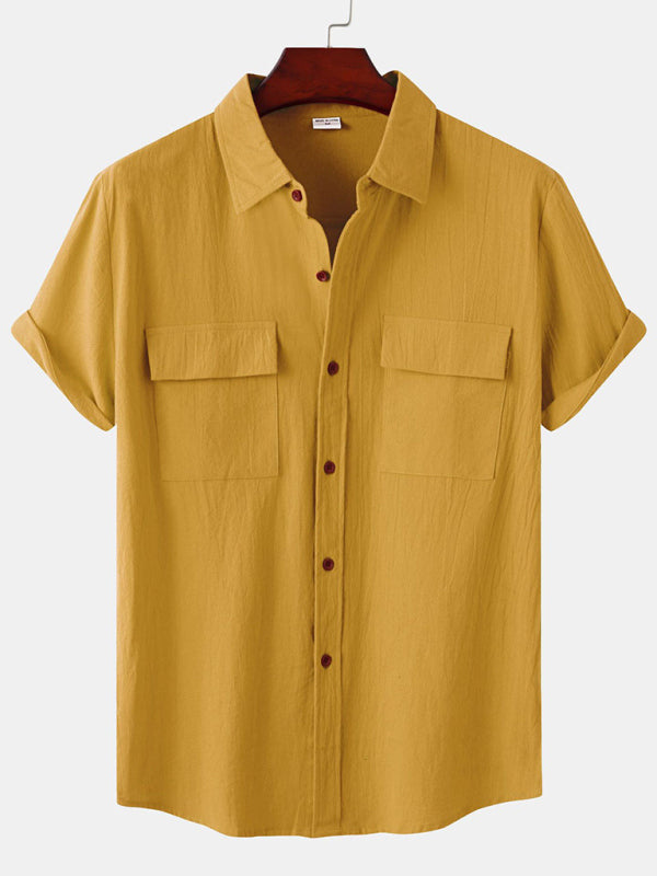 Men's Square Neck Casual Linen Shirt – Solid Color Half Sleeve Top - Cottonese.com