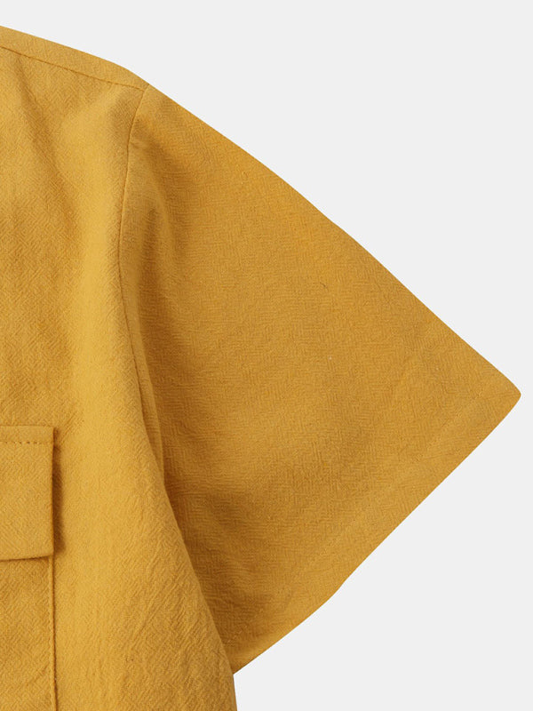 Men's Square Neck Casual Linen Shirt – Solid Color Half Sleeve Top - Cottonese.com