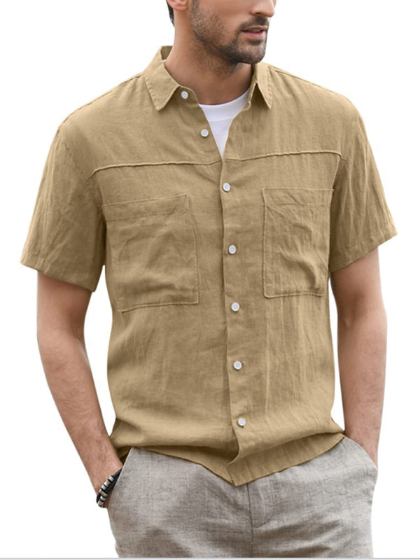 Men's Casual Button-Down Shirt – Cotton Linen Short Sleeve with Wide Collar - Cottonese.com